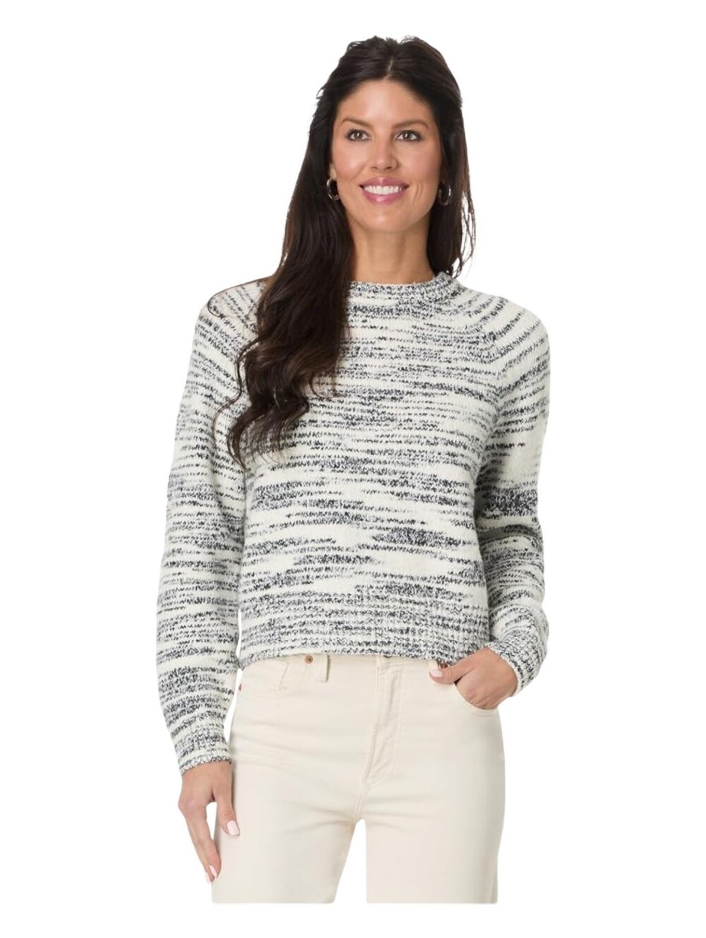 Lilla P Womens Black Space Dye Ribbed Neck Merino Wool Raglan Sweater XS